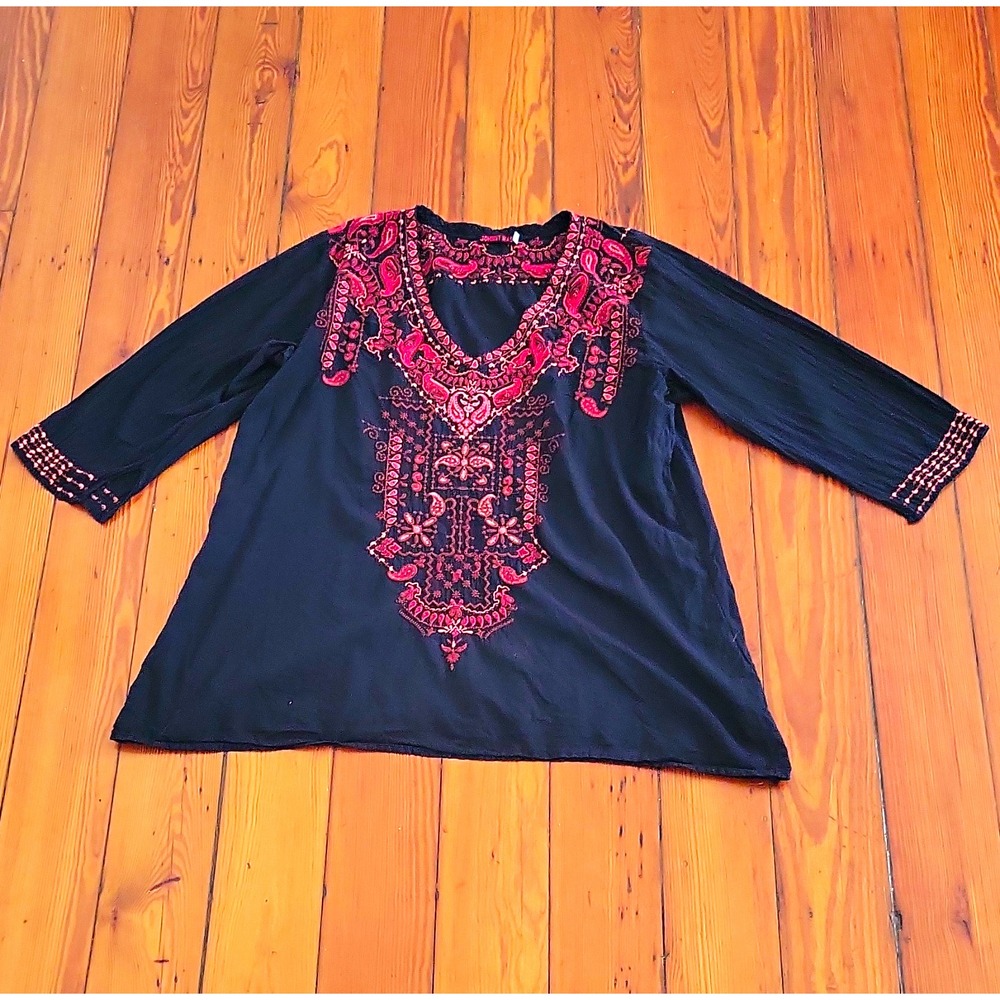 Johnny Was Womens L Black Red Paisley Embroidered Neck 3/4 Sleeve Blouse Boho